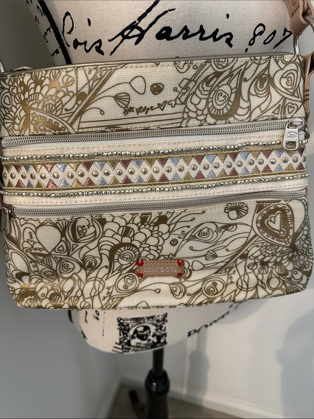 Sakroots Cream and Gold   Crossbody with Beaded Accent